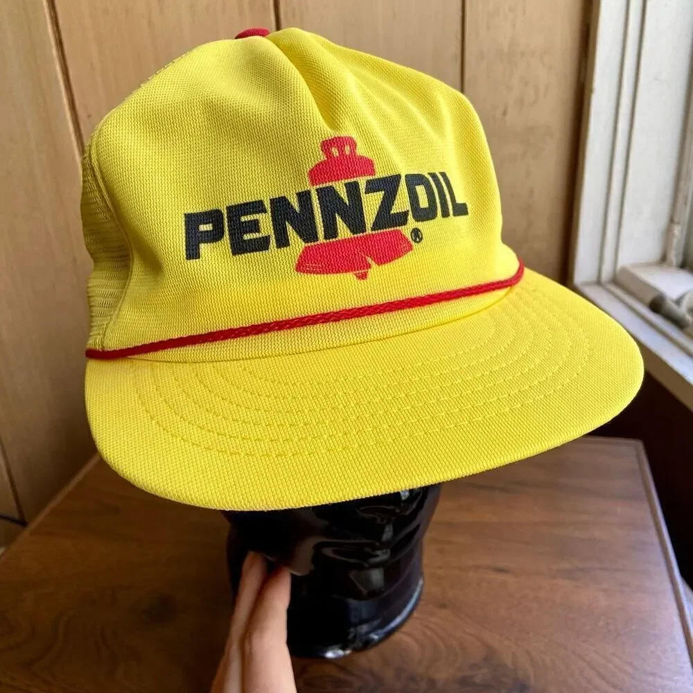 VTG 1980s PENNZOIL Yellow Rope Hat Trucker Cap Snapback Mesh USA Oil Swingster